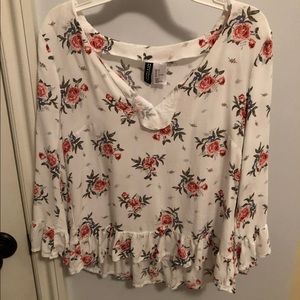Light-Weight Floral Ruffle Blouse (White, Pink)
